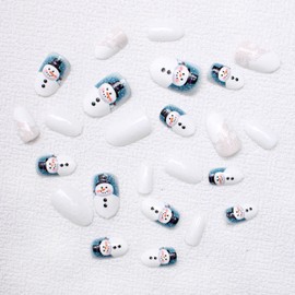 Christmas Winter Press on Nails Medium Almond Fake Nails Full Cover White Snowflake Snowman with Designs Glossy Xmas False Nails Stick on Nails Acrylic Nails for Women Nails Manicure Decoration 24 Pcs