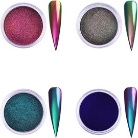 Juego de 4 piezas con efecto camaleón y purpurina en polvo de uñas con pigmento metálico, esmalte de polvo cromado, pigmento brillante, decoración de bricolaje, efecto sirena, pigmento cromado, polvo