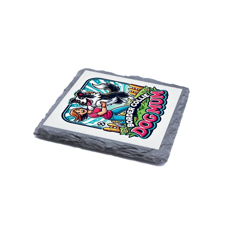 Border Collie Dog Mum Slate Coaster with Cute Cartoon Design,