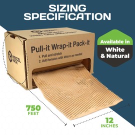 HexcelPack HexcelWrap Mini - Honeycomb Packing Paper, Eco-Friendly, Sustainable Paper Bubble Wrap for Shipping & Moving, Cushioned Packing Material in Easy Self-Dispenser Box - White, 12" x 750'