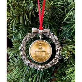 Coin Wreath Silvertone Pewter Ornament | JFK Half Dollar Layered in Gold | Red Ribbon | Certificate of Authenticity