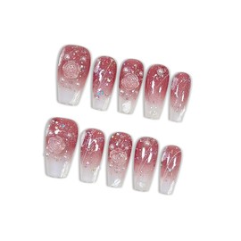 hantyer Uñas Postizas De Ballet Medianas, Hechas A Mano, De Gel Suave, Para Invierno Y Otoño, Con Diseño De Perla De Yeso Rosa Degradado Camelia, Uñas Postizas Acrílicas Gruesas De Cobertura Total Par