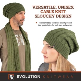 Evolution Knitwear Wool Cable Knit Beanie Hat for Men or Women - Super Soft Merino Wool - Made in The USA - Moss Green