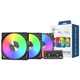 MONTECH Metal PRO 12 ARGB PWM Fluid Dynamic Bearing 600-2200RPM, Pressure Focused 3.81mmH2O, Airflow 76.2CFM, 4-Pin, 3 in 1 Pack with 6X6 Fan Hub - 120mm Black