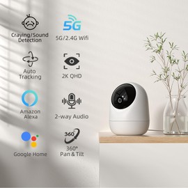 Rraycom 2K Indoor Security Camera 5G/2.4G WiFi, 360°Coverage Pan-Tilt Nanny Cam for Home/Pet/Baby with Motion Tracking, Work with Alerts, 2-Way Talk, Night Vision, Alexa Compatible
