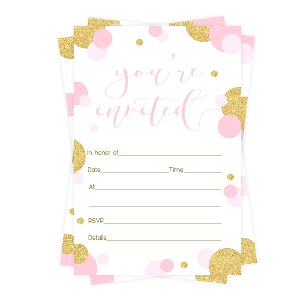 Pink and Gold Party Invitations (15 Guests) Baby Shower - Housewarming - Luncheon - Birthday - Graduation - Girls Party Supplies – Any Event - Fill in Blank Invite Cards and Envelope Set DIY