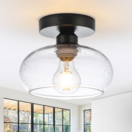 WILON Industrial Semi Flush Mount Ceiling Light, Hallway Light Fixture with Glass Shade, Small Black Kitchen Ceiling Light Fixture Farmhouse Light Fixtures for Entryway Bedroom Bathroom Foyer