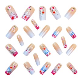 24Pcs Medium Coffin Fake Nails Nude White Pink Flower French Tip Medium Press On Nails Coffin with Designs Full Cover Glossy False Nails,Acrylic Thick Glue on Nails, Stick on Nails For Women Daily Events Y796
