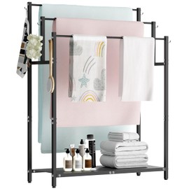 Mondazie 44” Tall Free Standing Towel Racks with 6 Hooks for Bathroom, 3 Tiers Oversized Pool Bath Towels Drying Stand, Metal Blanket Ladder Holder with Storage Shelf for Bedroom Living Room, Black