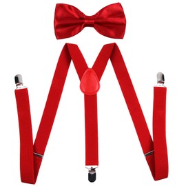 ICObuty Men's Bow Tie and Y Shape Suspender Set Adjustable Elastic Solid Color (Red)