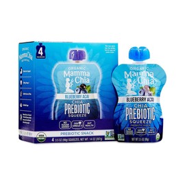 Mamma Chia Organic Prebiotic Squeeze Snack, Blueberry Acai, Fiber-Rich Prebiotic Gut Support,USDA Organic, Non-GMO, Vegan, Gluten Free, 3.5 Ounce (Pack of 4)