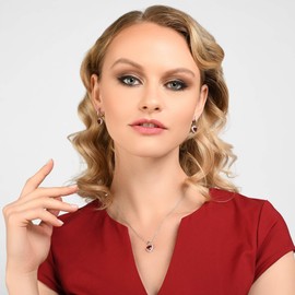 Namana Love Heart Earrings for Women with Heart Shaped Red Stones. 925 Sterling Silver Drop Earrings for Women with Ruby Red Stones and White Cubic Zirconia. Red Earrings for Women with Gift Box.