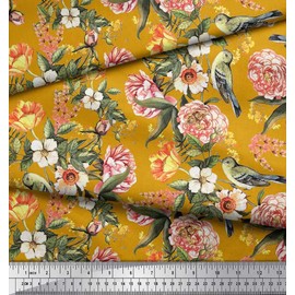 Soimoi Gold Viscose Chiffon Fabric Leaves,Bird & Peach Floral Print Fabric by The Yard 42 Inch Wide
