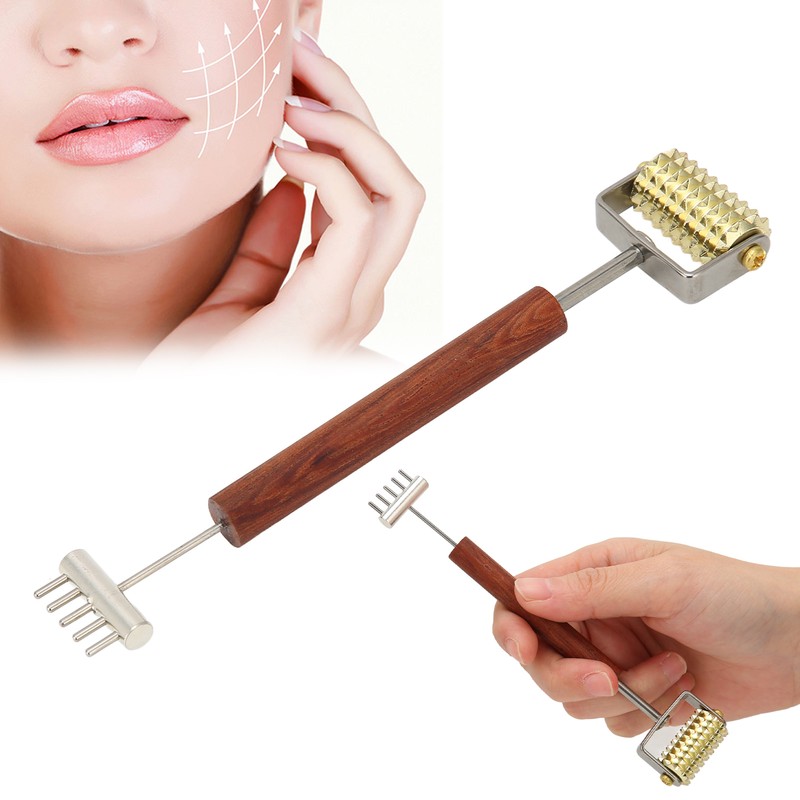 Face Massage Roller Copper Wooden Handle Promote Blood Circulation Double
