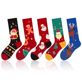 EEPLUYTY Pack of 5 Christmas Socks, Socks with Christmas Atmosphere, Cute Socks with Christmas Pattern, Colourful Socks with Funny Patterns, Medium Length Christmas Socks, Unisex, red