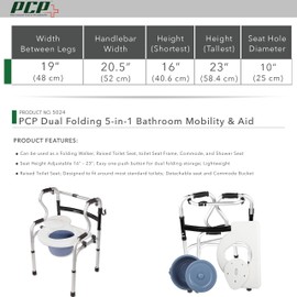 PCP Dual Folding 5-in-1 Bathroom Mobility & aid Commode Walker seat, Height Adjustable Daily Living aid, Regular