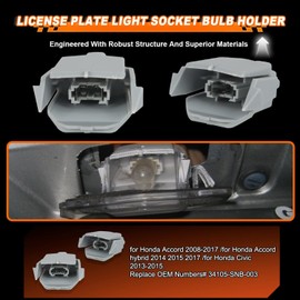 VEKTORIS 2PCS Rear Bumper License Plate Light Socket Bulb Holder Adapter for Honda Accord 2008-2017 / Accord Hybrid 2014 2015 2017 / Civic 2013-2015, Replace OE Number# 34105SNB003