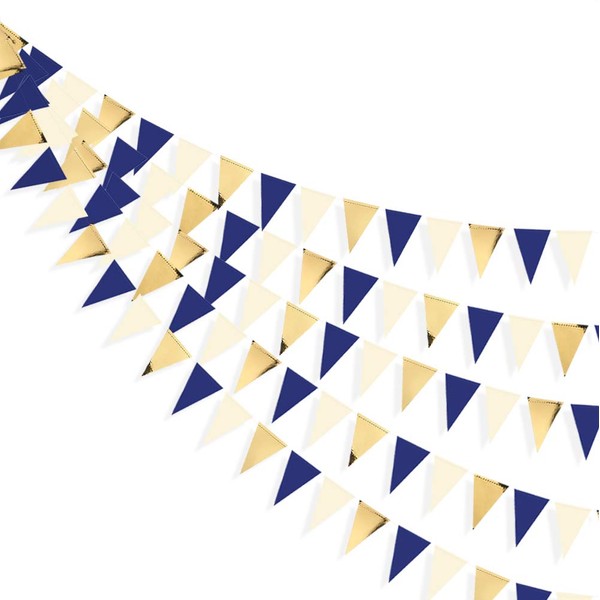 PinkBlume Blue Gold Triangle Flags, Set of 3, Garland, Paper, Approx. 3.9 ft (9 m) Long, Blue, Gold, Light Brown Garland, Baby, 100th Celebration, Children's Room Decoration, Tent Decoration, Camping, Decoration, Graduation, Wall Decoration, Halloween, A
