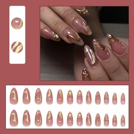 24Pcs Gold Press on Nails Medium Almond Fake Nails with Chrome Nails Pink Full Cover False Nails Glossy French Artificial Glue on Nails Gilded Ripple Design 3D Stick on Nails for Women Acrylic Nails