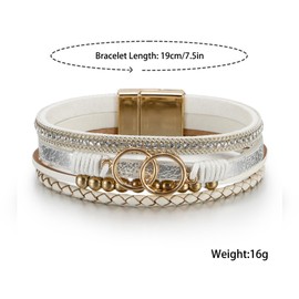 LSxAB Multi-Layer White Leather Wrap Bracelet for Women Gold Tone Colorful Bohemian Braided Wristbands Bracelets