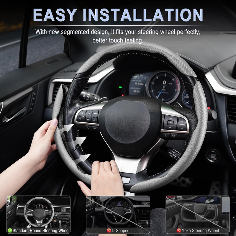 Amiss 3pcs Carbon Fiber Anti-Skid Steering Wheel Cover, Waterproof &