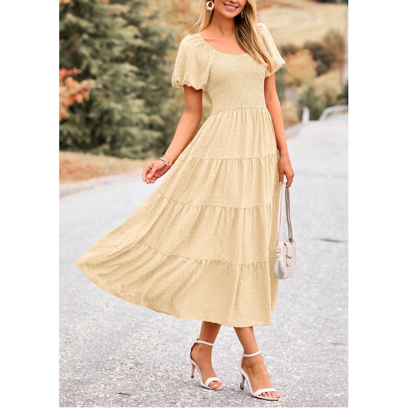 PRETTYGARDEN Women's Swiss Dot Boho Midi Dress Puff Sleeve Tiered