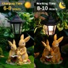 Solar-Powered Bunny Family Reading Statue with LED Lantern and Roses,