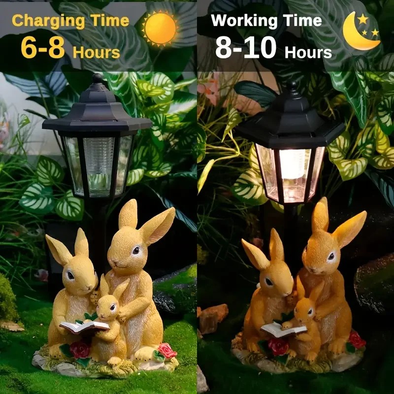 Solar-Powered Bunny Family Reading Statue with LED Lantern and Roses,