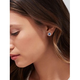 Sterling Silver Evil Eye Stud Earrings, Sparkling Blue Sapphire Eyes Ear Stud, Cute Mini Cubic Zirconia Earrings for Females