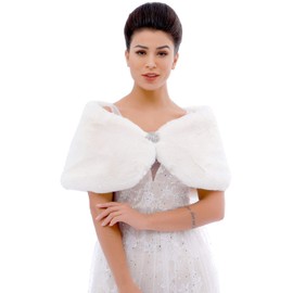Aukmla Wedding Party Fur Wraps and Shawls Bridal Fur Stole Sleeveless Faux Fur Shawl with Stunning Rhinestones Brooch (White)