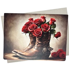 Cowboy Western Wedding Card (1 Premium Quality Folded Card, Blank Inside, 5X7 Inches) decorative cowgirl boots with red roses also for anniversary, engagement, or happy birthday - 756