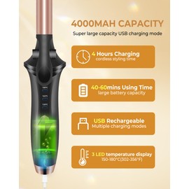 Cordless Curling Iron,4000 mAh USB Rechargeable Mini Travel Curling Iron,2 in 1 Hair Straightener and Curler,3 Temp SettingCordless Hair Curler