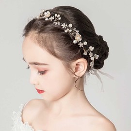 Bufenia Gold Flower Headband Crystal Hair Vine Beads Flower Girl Bridal Headpiece for Wedding