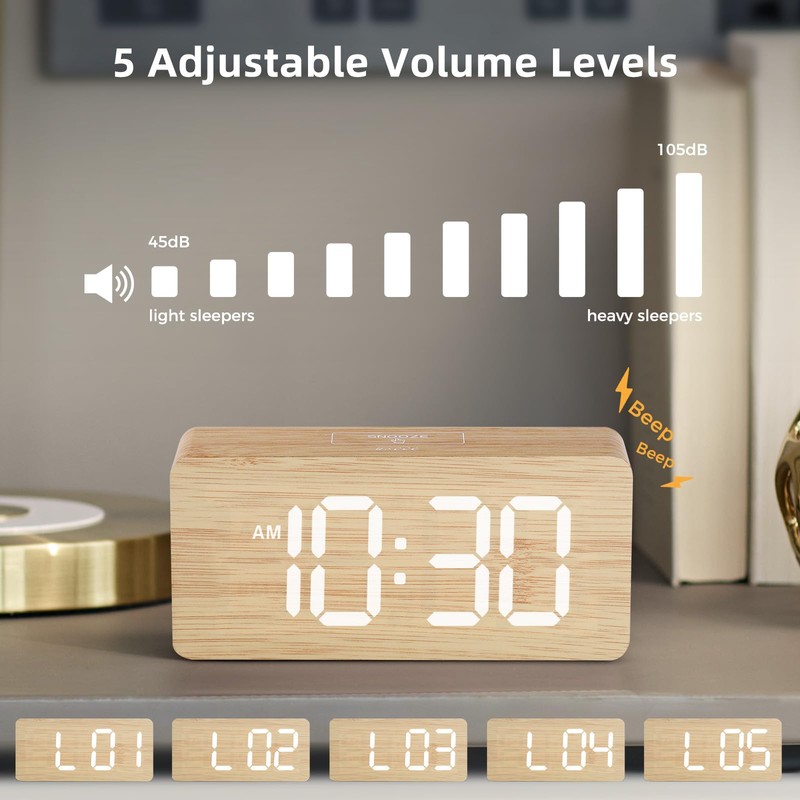 uscce Wooden Digital Alarm Clocks for Bedrooms: Dimmable Dual Alarm