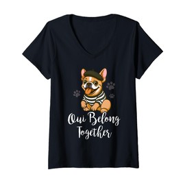 Womens Oui Belong Together French Bulldog Dog Owner Puppy Dog Lover V-Neck T-Shirt