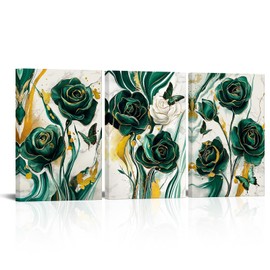VANSEEING 3 Pieces Canvas Wall Art Emerald Green Rose Flower Butterfly Painting Modern Green Gold Abstract Marble Pictures Prints Artwork Wall Decor for Home Office Bedroom Living Room 16x24inchx3