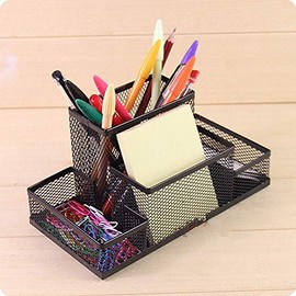 Pen Holder Metal Wire Mesh Pencil Container 4 Divided Compartments Home Office Supplies Desktop Accessory Organizer Storage Anti-Slip Pen Basket for Pen Paper Clips Stapler