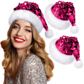 Glitopper 2 Pcs Sequin Santa Hat Christmas Hats with Shiny Sequin and Pompom for Adult Women Men Xmas New Year Party (Short Style, Rose Red)