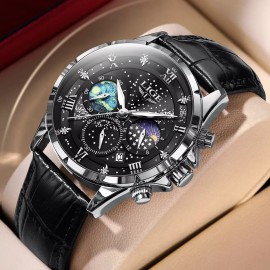 Lige Men Watch Chronograph Sport Watches Date Moonphase Male Leather Wristwatch Gift