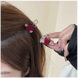 Aneneiceera Vintage Rote Satin Blume Haarspange Barrette Roten Samt Haar Klemme Barrette Kristall Floral Haar Kralle Pin Clips Dekorative Haar-Accessoires Für Frauen (Blume)