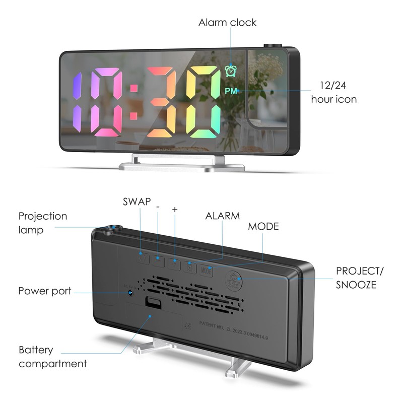 AMIR Projection Alarm Clock for Bedroom, 7.9 in Projector Clock