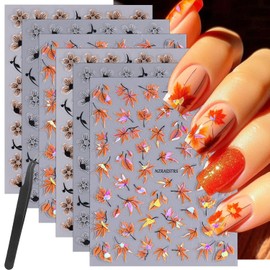 6 Sheets Fall Maple Leaf Nail Art Stickers Gold Silver Flower Nail Stickers with Glitter 3D Self-Adhesive Laser Maple Leaves Nail Decals Autumn Winter Floral Nail Designs for Women Girls DIY Nail Art