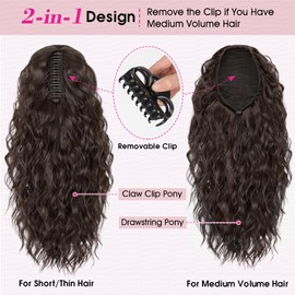 RONTAYA Ponytail Extension, 18 Inch Dark Brown Claw Clip Ponytail Extensions for Women, Multi Layered Fluffy Thick Wavy Jaw Clip in Fake Pony Tails Fake Hair Soft Synthetic Hairpiece