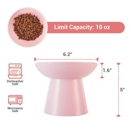 CEEFU Extra Wide Elevated Ceramic Cat Bowl, 6.2" Shallow Dish for Whisker Fatigue Relief, 5" Height for Easy Feeding, Durable Raised Cat Food Bowls, Pack of 2, Pink