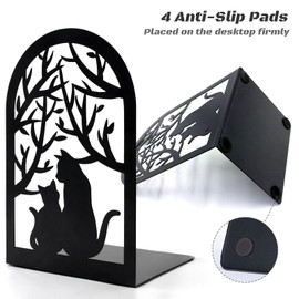 Book Ends, Bookends, Metal Bookend, Cat Decorative Bookends, Bookends for Shelves, Home Decorative Bookends for Heavy Books, Black Non-Skid Book Stopper, 7 x 4.7 x 4 inch (2 Pair)