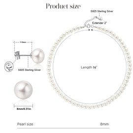 DORAFO Sterling Silver Pearl Necklace and Earrings Set, 8mm Simulated Pearl Choker Necklace with Stud Earrings, Classic Jewelry Set with Luxury Box for Wedding & Mother’s Day Gift