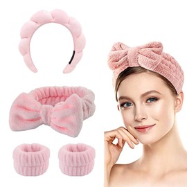 THINTON Spa Headband for Women, 4 Pcs Headband for Washing Face, SPA Skincare Makeup Remover Spa Headband Wristband (Pink)