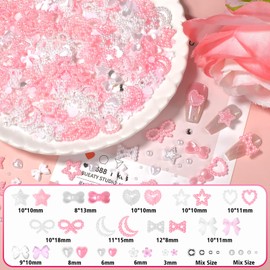 3D Flatback Pearls Nail Charms, Pink White Mix Styles Star Heart Bow Moon Charms for Crafts, Resin Small Flower Charms for Nail Art Supplies with Tweezer and Pickup Pencil