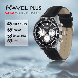 Ravel Plus - Men's 42mm Silver Tone Chronograph Sports Watch with Uni-Directional Rotating Bezel - 5ATM - Japanese Analogue Quartz - RP.CHR-005M - Black/Black Bezel