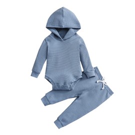 Thorn Tree Newborn Unisex Baby Clothes Set Hooded Long Sleeve Bodysuit Stretchy Pants Girl Boy Cotton Ribbed Outfits Fall Winter (Blue Hooded Suit,0-3 Months)